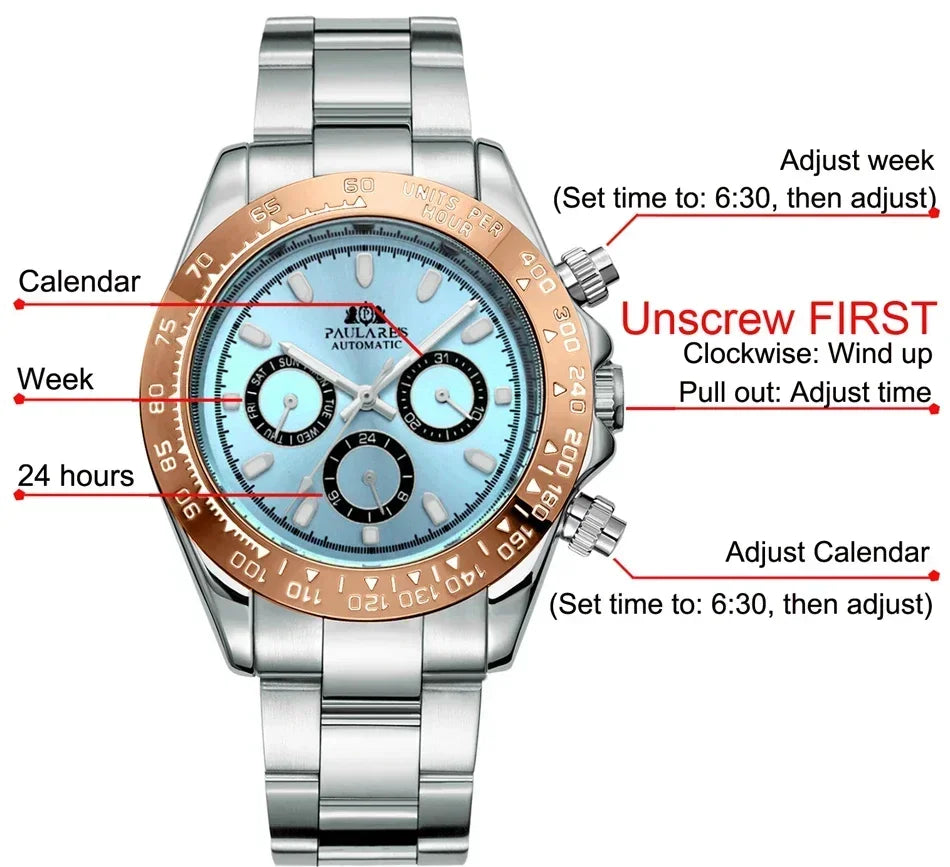 Automatic Mens Watch Mechanical Self Wind Movement Gold Black Stainless Steel Diamonds Stone Sports Luxury Fashion Watches