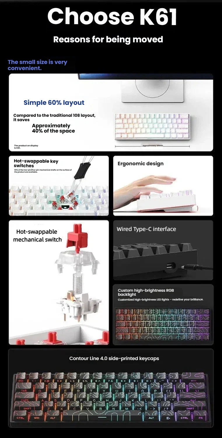 Teclado mecânico portátil com fio K61, Phantom RGB colorido, resposta de nível gaming, design ergonómico, adequado para gaming e escritório