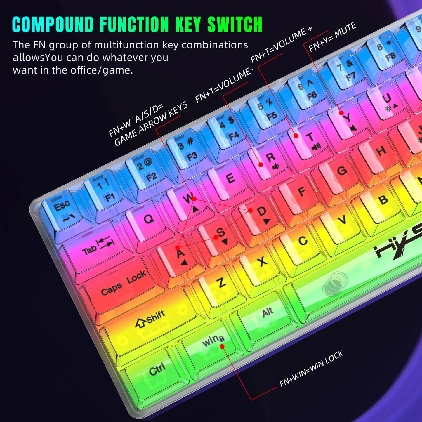Teclado Gaming Transparente com Fio HXSJ 60%, Retroiluminação RGB, Ultra-Compacto, Impermeável, Teclado Compacto Pequeno de 61 Teclas para PC/Mac