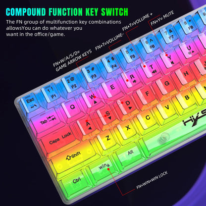 Teclado Gaming Transparente com Fio HXSJ 60%, Retroiluminação RGB, Ultra-Compacto, Impermeável, Teclado Compacto Pequeno de 61 Teclas para PC/Mac