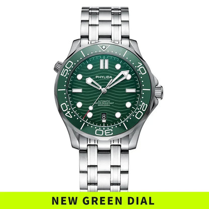 PHYLIDA New Green Dial PT5000 MIYOTA Automatic Watch DIVER 200M Sapphire Crystal Solid Bracelet WR 20Bar