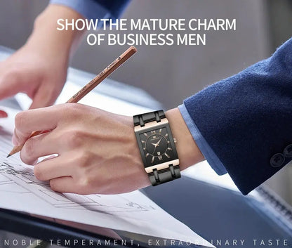 Men Business Watch Simple Design Luxury Fashion Rectangular Black Gold Stainless Steel Calendar Waterproof Quartz Men's Watches
