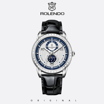 ROLENDO 1908 Men Automatic Mechanical Watch Diamond Luminous Leather Strap Waterproof Business Luxury Wristwatch For Male Gift