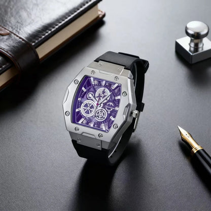New Fashion Luxury Man Tonneau Hollow Skeleton Faux Mechanical Watch Men Militray Sports Silicone Quartz Watches Reloj Hombre