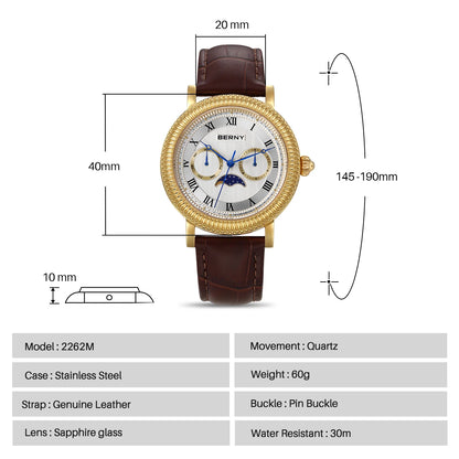 BERNY Watches for Men Luxury Dress Brand Business Gold Quartz Real Moons Man Watch S/S Sapphire Calendar Moon Phase Wristwatch