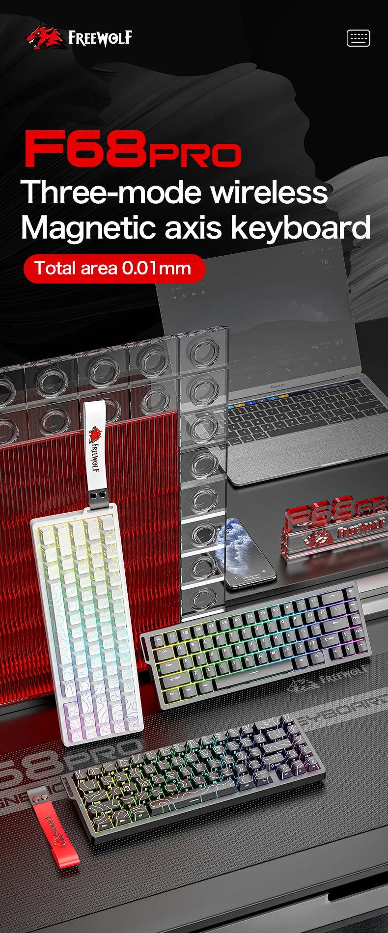 Magnetic Switch Gaming Keyboard Attack Shark X68HE And FreeWolf F68/F68Pro 8K Wired 1K Wireless RGB Rapid Trigger Hall Effect