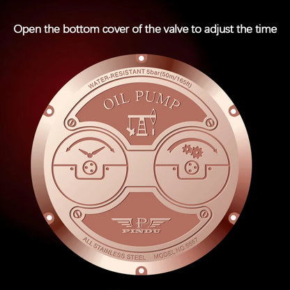 Orologio da uomo PINDU NEW TOP al quarzo con pulsante pompa olio, stile business, 45.5MM, vetro zaffiro, impermeabile, cinturino in pelle