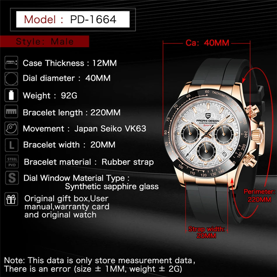 PAGANI DESIGN V2 40MM Quadrante meteorite Orologio da uomo al quarzo Cronografo retro in zaffiro Orologio impermeabile da uomo Reloj0 hombr