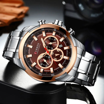 CURREN férfi kronográf óra, 48 mm-es nagy számlap, rozsdamentes acél karkötő, három kis számlap, kvarc sportkaróra, luxus stílus