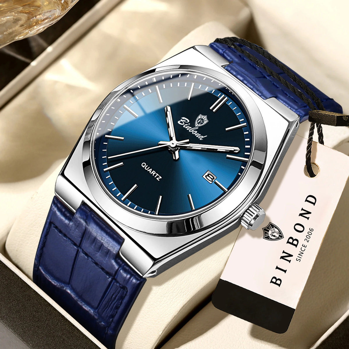 Montre-bracelet à quartz de luxe BINBOND pour homme – Étanche, lumineuse, avec date automatique – Style professionnel, sportif, tendance et décontracté – Bracelet en cuir