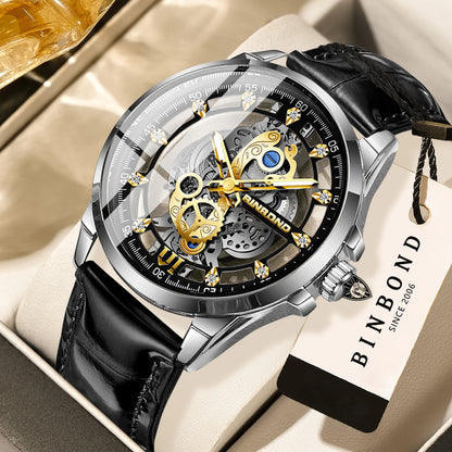 Montre-bracelet à quartz vintage ajourée BINBOND pour homme, lumineuse, étanche, précise et durable, style décontracté.