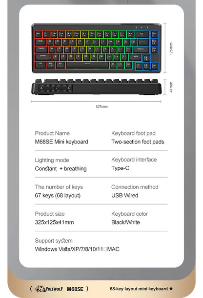 Teclado FREEWOLF M68SE com sensação mecânica, 68 teclas, mini teclado compacto com fios, silencioso, para portáteis, gaming e utilização em escritório