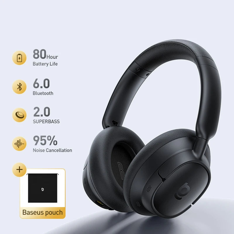 Casque sans fil Baseus ANC, écouteurs supra-auriculaires 80H, réduction de bruit à 95%, casque Bluetooth 6.0