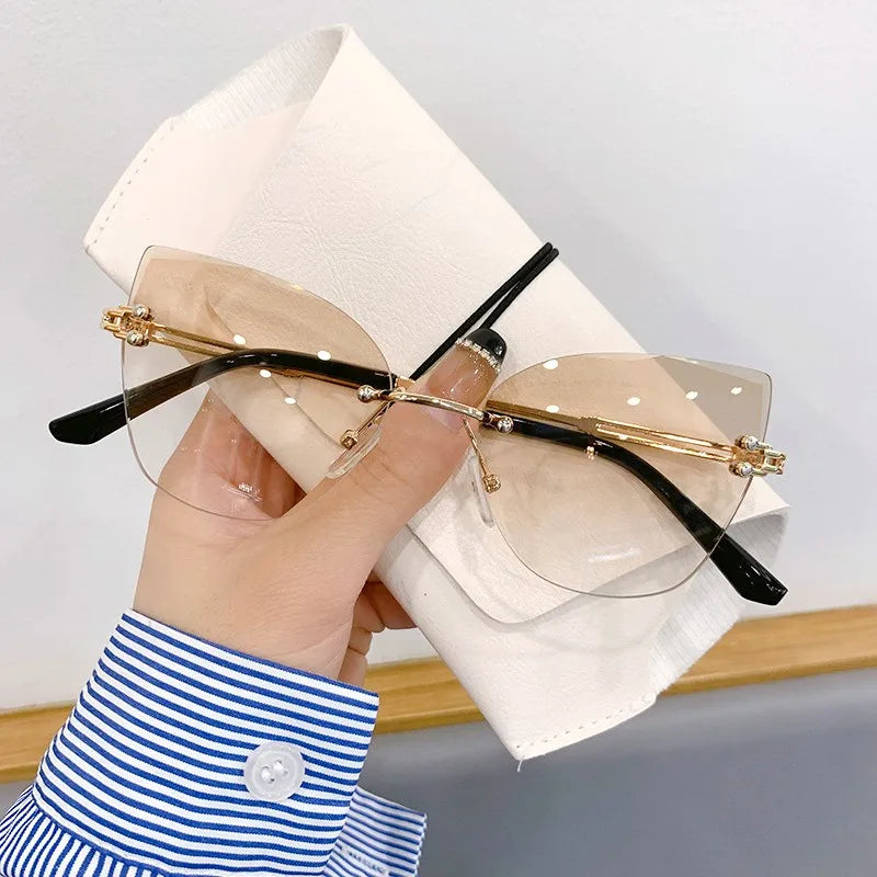 KLASSNUM Vintage Rimless Sunglasses Women Men Cat Eye Gradient Lens Sun Glasses UV400 Shades Protection Goggles for Party Xmas