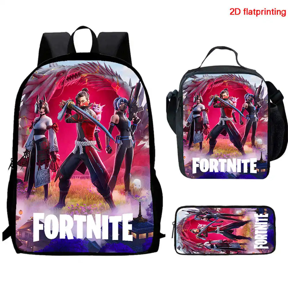 Fortnite Cartoon 3pcs Set, Large Capacity Suitable for Boys and Girls Aged 5-8, Includes Backpack, Dinner Bag, and  Pencil Case