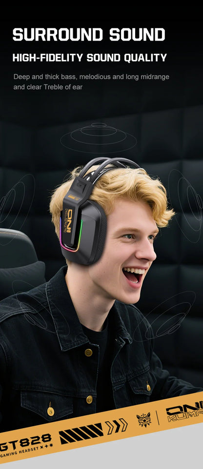Auscultadores Gaming Sem Fios ONIKUMA GT828 Bluetooth 5.3 RGB com Microfone, Cancelamento de Ruído e Ligação em 4 Modos para PC, PS5 e Portátil