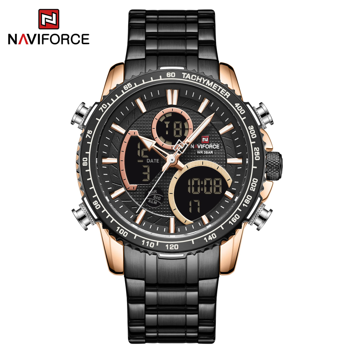 NAVIFORCE Herren-Sportuhr – Originelle Luxus-Armbanduhr aus Edelstahl, wasserdichtes Militärmodell mit doppelter Anzeige
