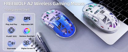 A2 przezroczysta bezprzewodowa mysz gamingowa, BT 5.0/2.4G, ładowalna mysz RGB do PC z ekranem cyfrowym, PixArt 3212, 5 regulowanych poziomów DPI