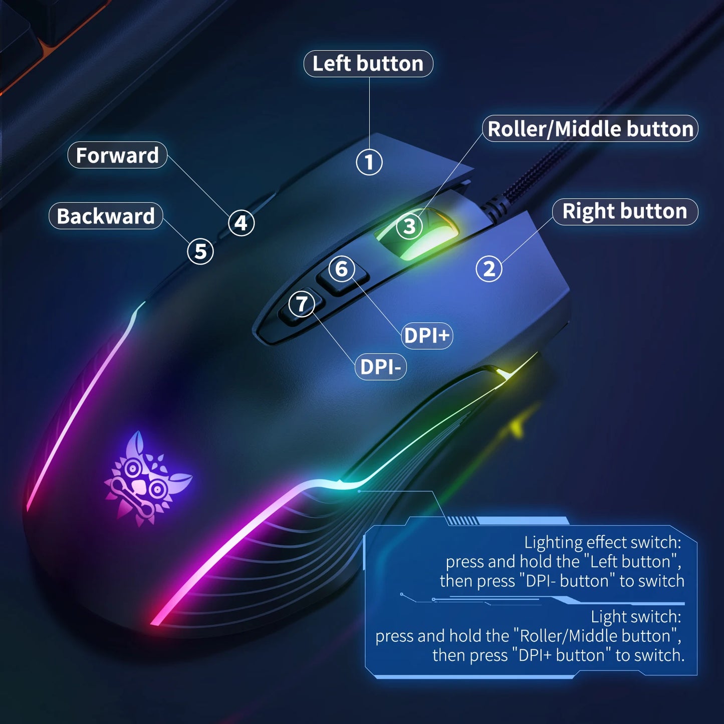 Mouse da gaming cablato ONIKUMA, 6 livelli regolabili, 6400 DPI, 7 pulsanti programmabili, 7 modalità di illuminazione RGB, design ergonomico per gamer PC
