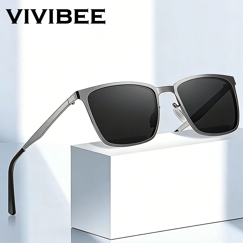 Men’s Retro Rectangular Polarized Sunglasses VIVIBEE, Matte Black UV400 Eyewear, Women Stylish Outdoor Driving Glasses