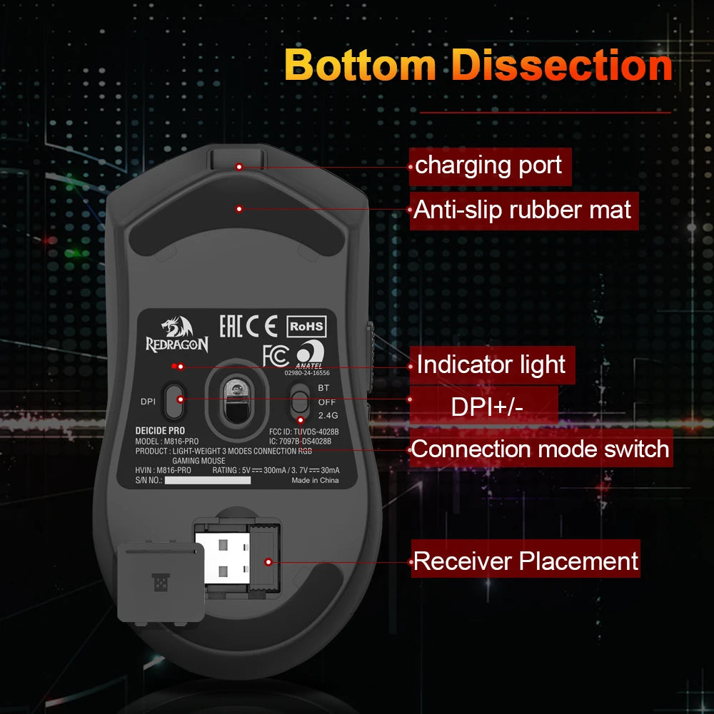 Mouse gaming REDRAGON DEICIDE M816 PRO RGB USB con supporto Bluetooth 2.4G wireless, 26000 DPI, 6 pulsanti per gamer, mouse cablato per computer