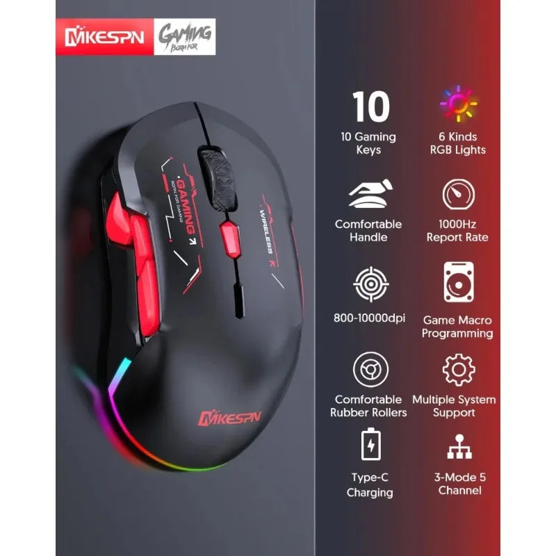 Mouse gaming macro MKESPN W12 a 10 pulsanti, ambidestro, wireless Bluetooth multi-canale tri-mode, grande RGB ergonomico