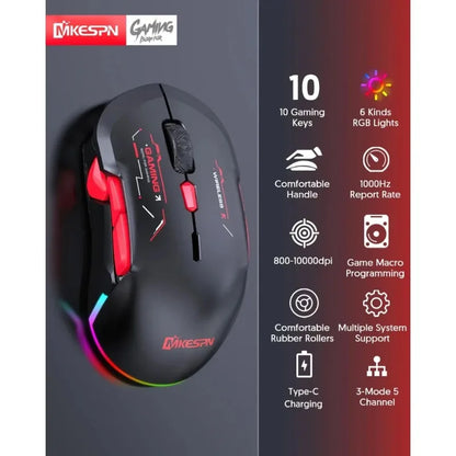 Mouse gaming macro MKESPN W12 a 10 pulsanti, ambidestro, wireless Bluetooth multi-canale tri-mode, grande RGB ergonomico