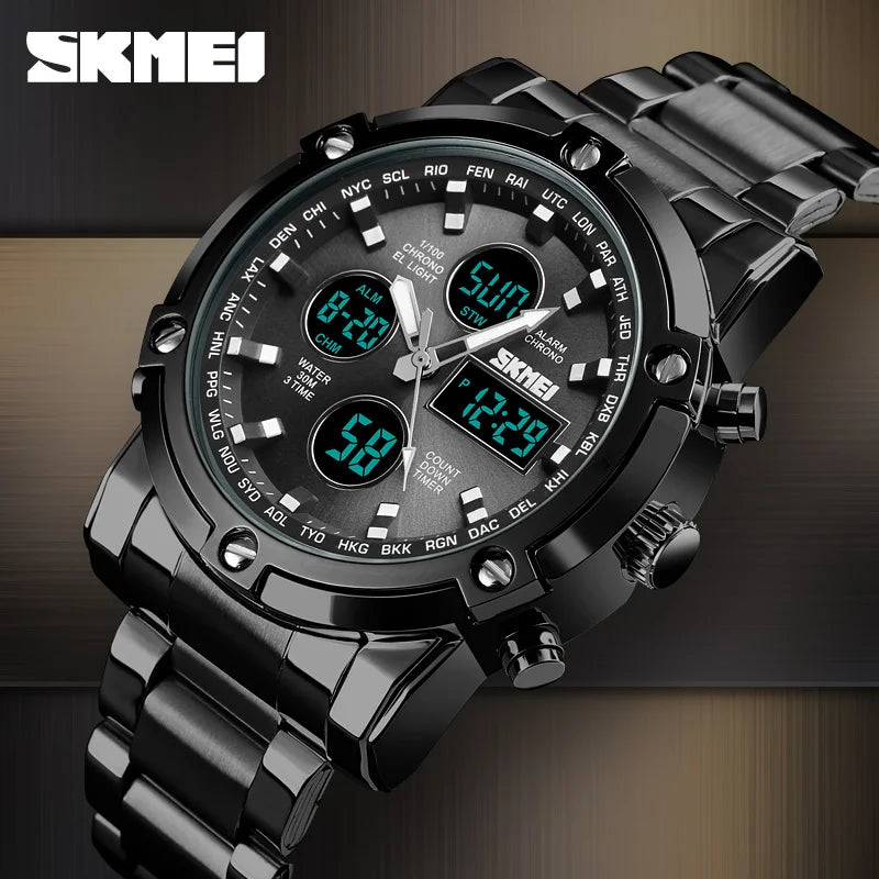 SKMEI 1389 Bracelet Wristwatch Clock Digital Quartz Watch Men Three Time Waterproof Quartz Wrist Mens Watch Relogio Masculino
