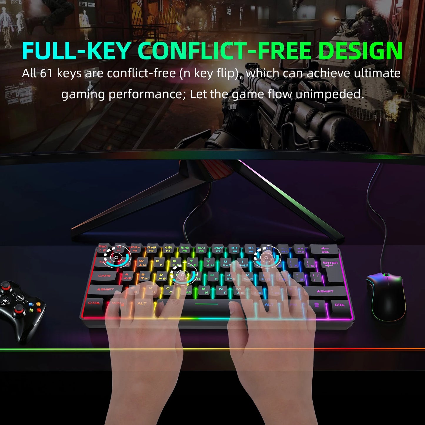 Teclado Gaming, Teclado Ultra-Compacto de 61 Teclas Russo/Inglês com Retroiluminação RGB, Teclado de Escritório Gaming Impermeável com Sensação Mecânica