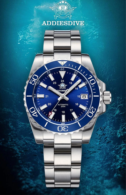ADDIESDIVE Men's Diver's Watch 200m Sapphire Luminous Ceramic Bezel Men's Analog Mechanical Watch Stainless Steel Diving Watches