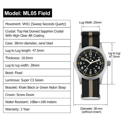 Militado ML05 Vintage Field Watch  VH31 Sweep Quartz Movement, Domed Sapphire Crystal, 38mm, Luminous & 100M Waterproof