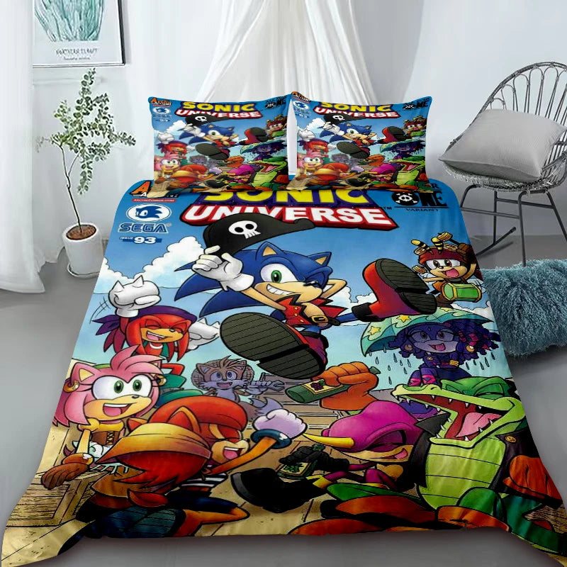 Cartoon Duvet Cover Set , Washable Cotton Bedding – S-Sonic-S the H-Hedgehog Movie Theme Student Bedroom Decor for All Seasons