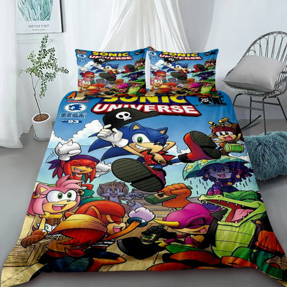 Cartoon Duvet Cover Set , Washable Cotton Bedding – S-Sonic-S the H-Hedgehog Movie Theme Student Bedroom Decor for All Seasons