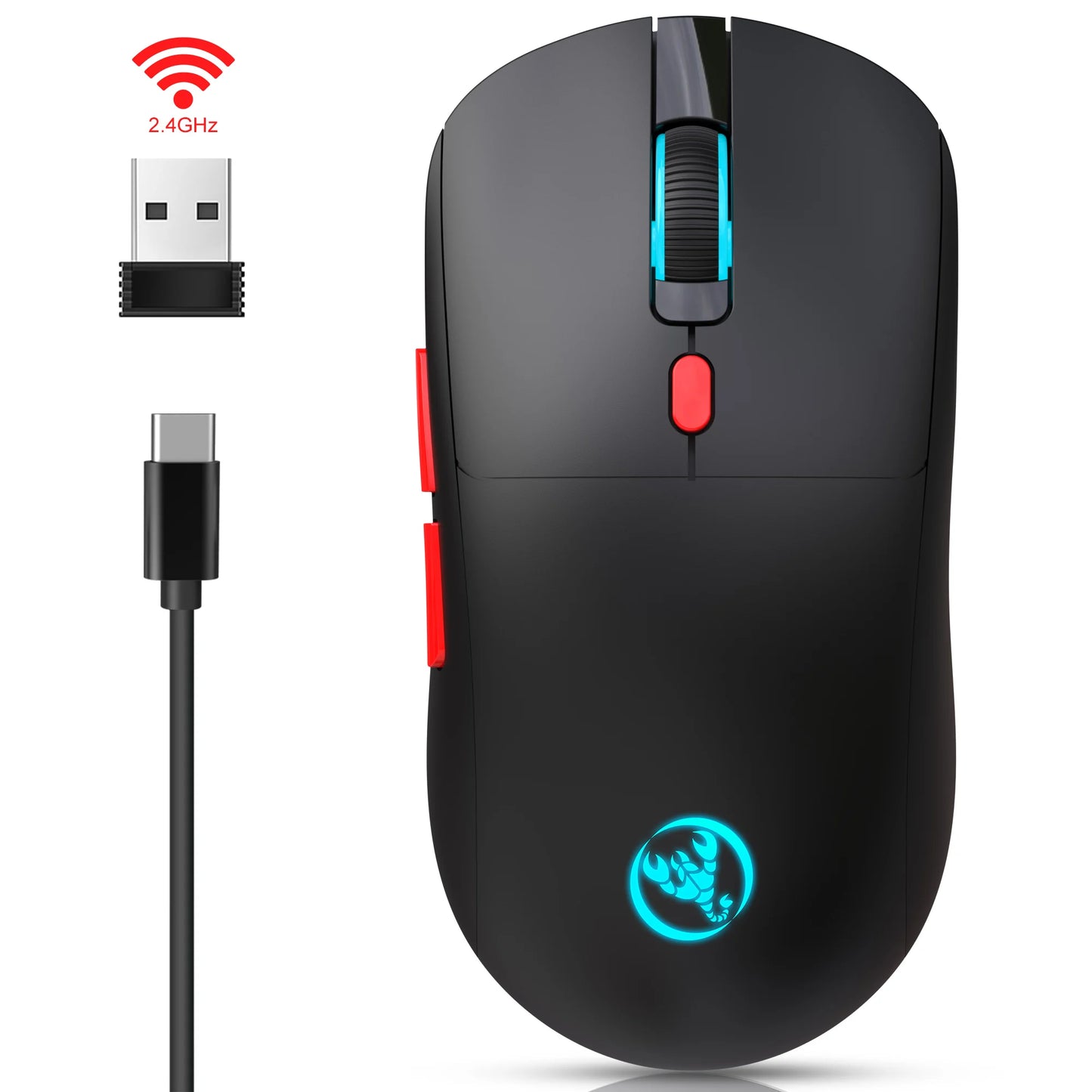 Rechargeable 2.4G USB Wireless Mouse, RGB Wireless Mouse with 3600 DPI, Ergonomic Rechargeable Wireless Mouse for Laptop, PC, Home Office & Gaming