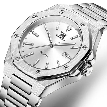 OLEVS Watches For Men Luxury Silver Blue Classic Quartz Watch for Man Waterproof Stainless Steel Luminous Reloj Hombre 2025