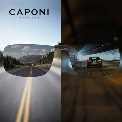 CAPONI New Sunglasses Clip For Men Square Polarized Photochromic Glasses Clip Flipped Up Protect Eyes Light Clip On Frame BS1282