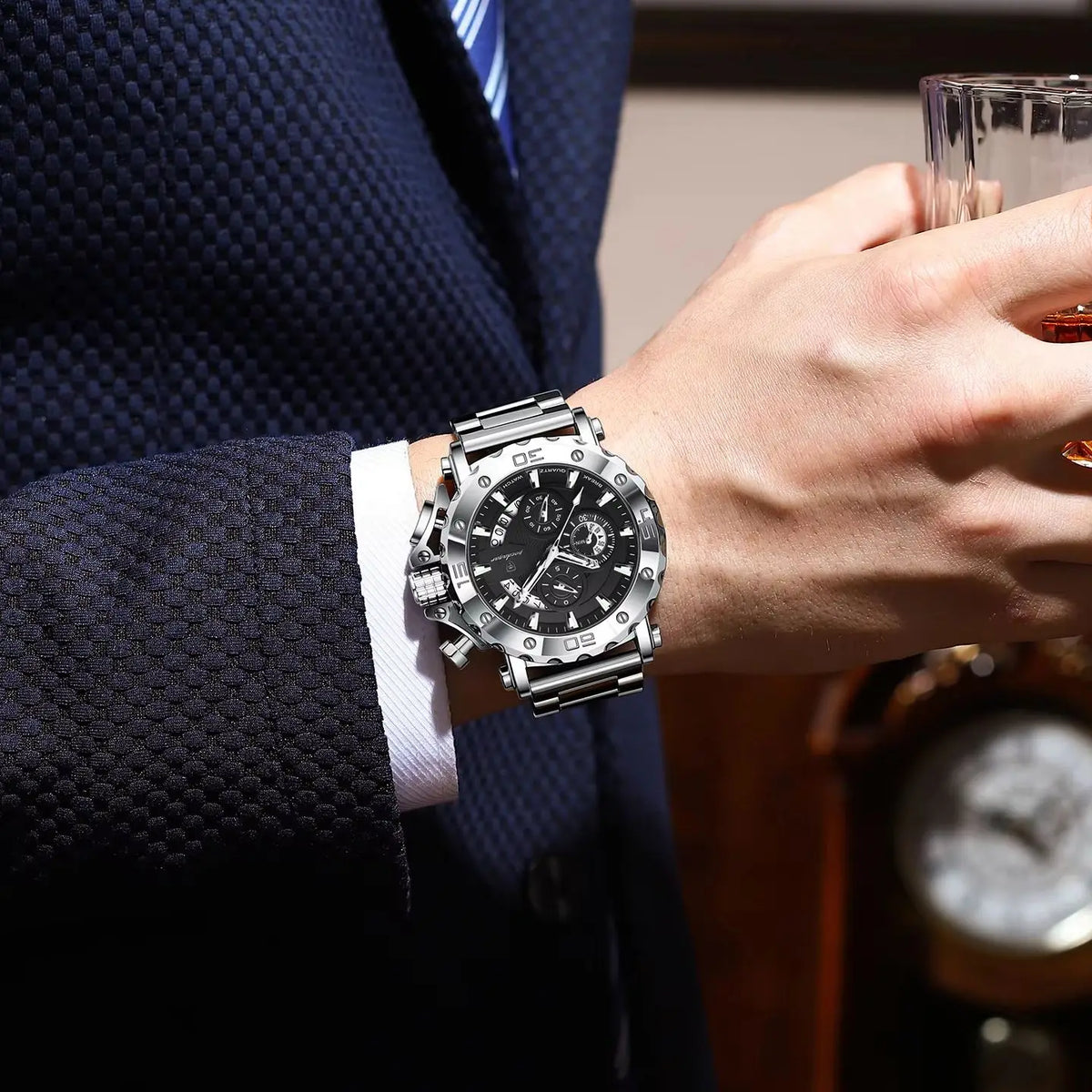 POEDAGAR Herren-Luxusuhr, leuchtend, wasserdicht, Chronograph, Datumsanzeige, Edelstahl, Quarz, Reloj