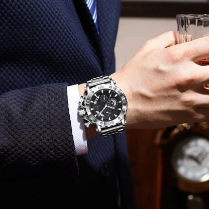 POEDAGAR Herren-Luxusuhr, leuchtend, wasserdicht, Chronograph, Datumsanzeige, Edelstahl, Quarz, Reloj