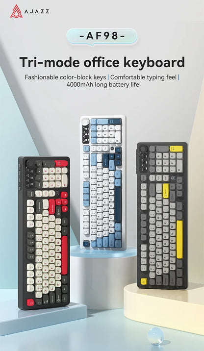 Teclado AJAZZ AF98 com/sem fios, sensação mecânica, para escritório, bateria de longa duração, três modos, iluminação mista RGB, teclas em ABS, ergonómico