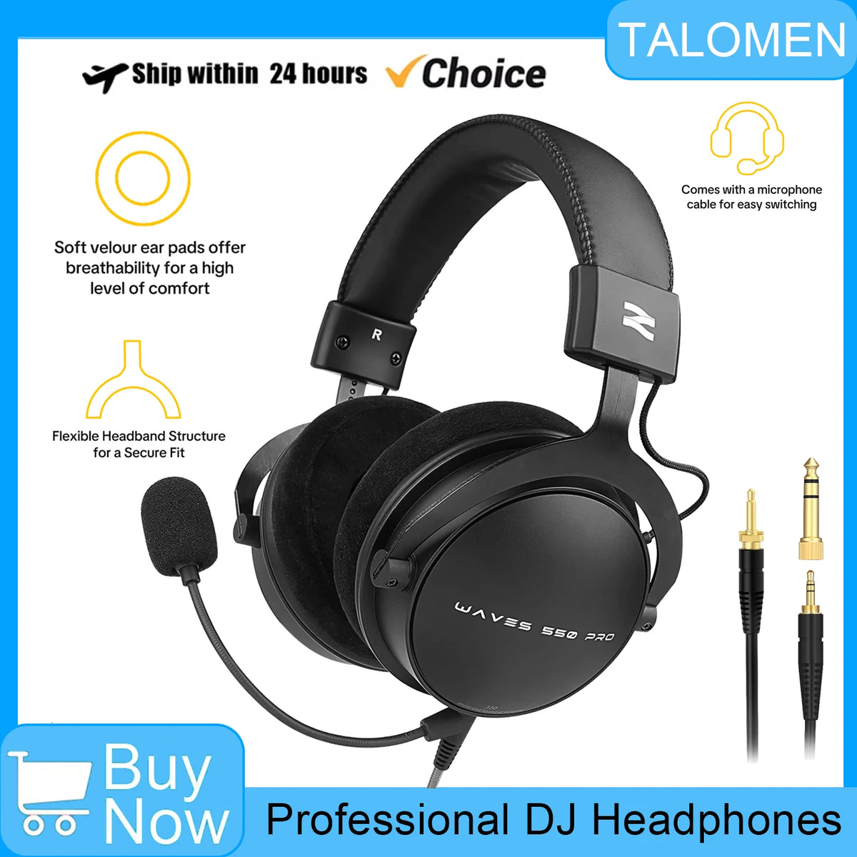 Talomen TOP W550X Over-Ear Wired Headphones with 50mm Drivers, Deep Bass, Detachable Cable & Built-in Microphone – Gaming, DJ, Studio & Office Headset