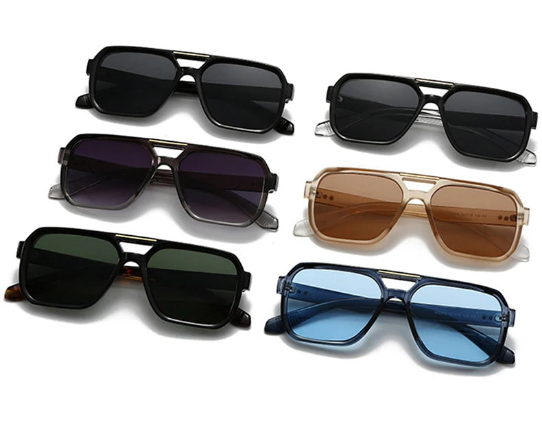 SO&EI Fashion Double Bridges Square Sunglasses Women Retro Rivets Blue Tea Shades UV400 Men Outdoor Gradient Sun Glasses