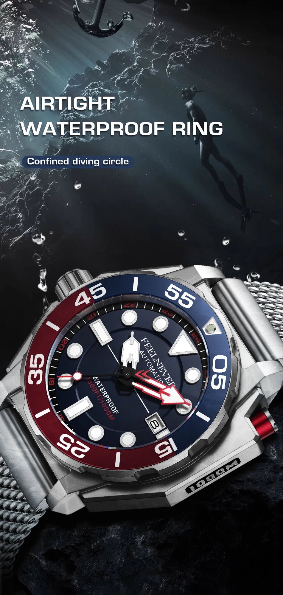 FeelNever New Top brand Men Luxury Watch 1000m Waterproof BGW9 Super luminous relogios masculinos Automatic Mechanical Watches