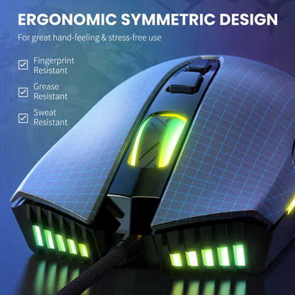 Mouse da gaming cablato ONIKUMA, 6 livelli regolabili, 6400 DPI, 7 pulsanti programmabili, 7 modalità di illuminazione RGB, design ergonomico per gamer PC