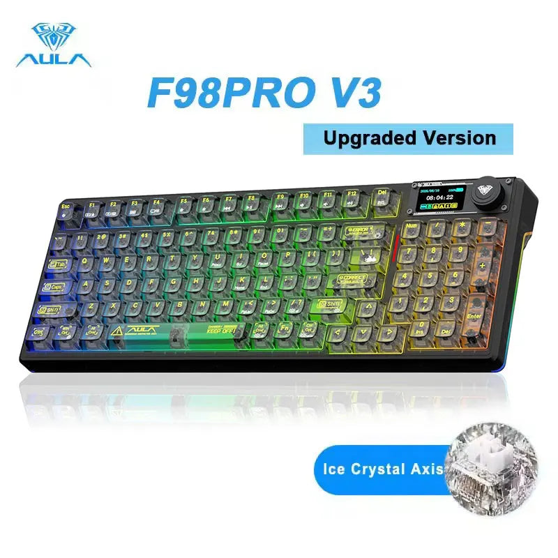 AULA F98Pro V3 Mechanical Keyboard 3-mode Wireless Bluetooth Hot-swap E-sports Customized Transparent Keycaps RGB Game Keyboards