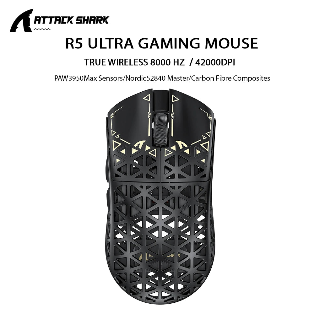 ATTACK SHARK R5 ULTRA bežični gaming miš - 8K polling, senzor PAW3950MAX, 42,000 DPI, ultralaki od ugljičnih vlakana za profesionalni esport