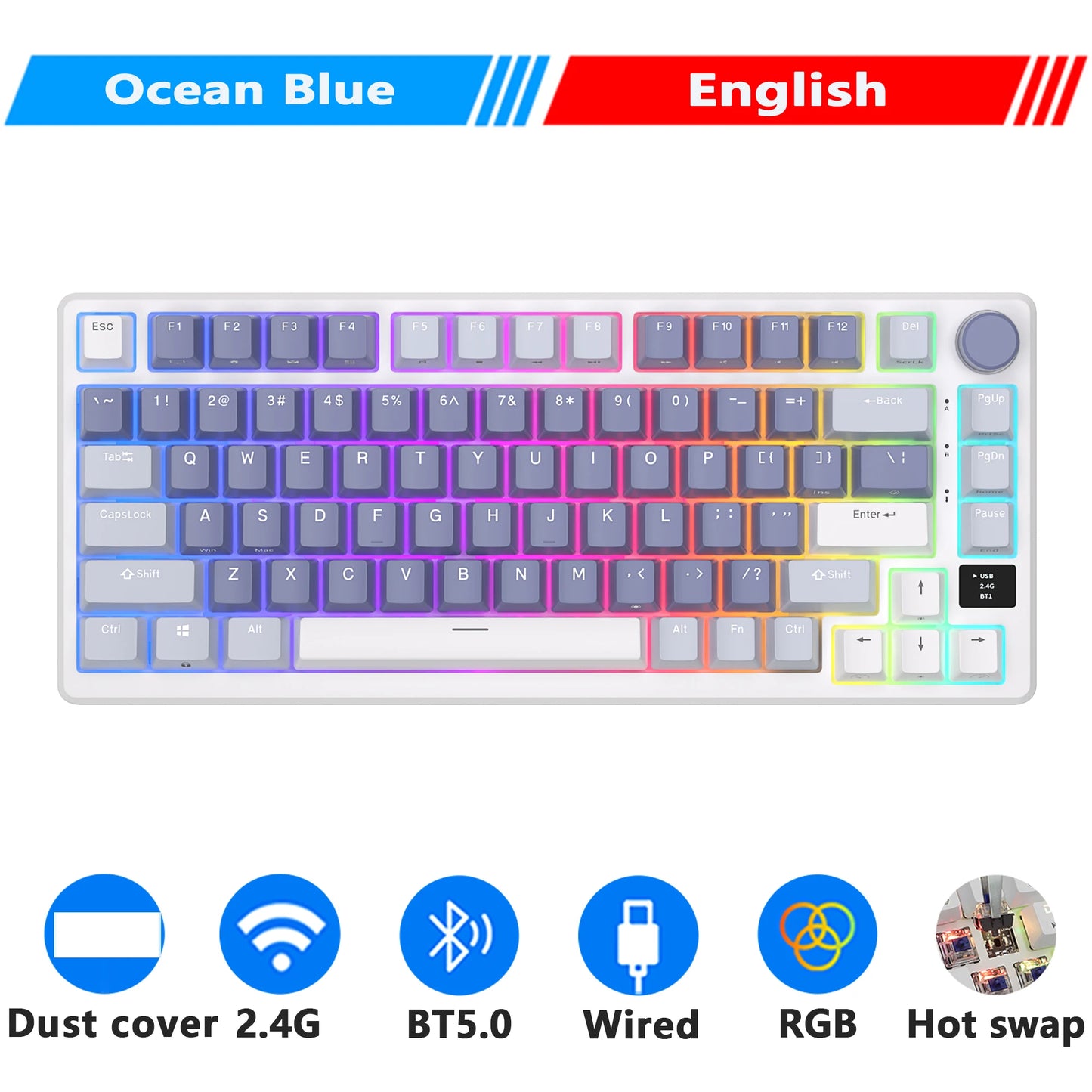 RK ROYAL KLUDGE M75 2.4G Wireless/Bluetooth/USB-C Mechanical Keyboard 81Keys RGB Hot-Swappable Gasket Gamer Keyboard with Screen
