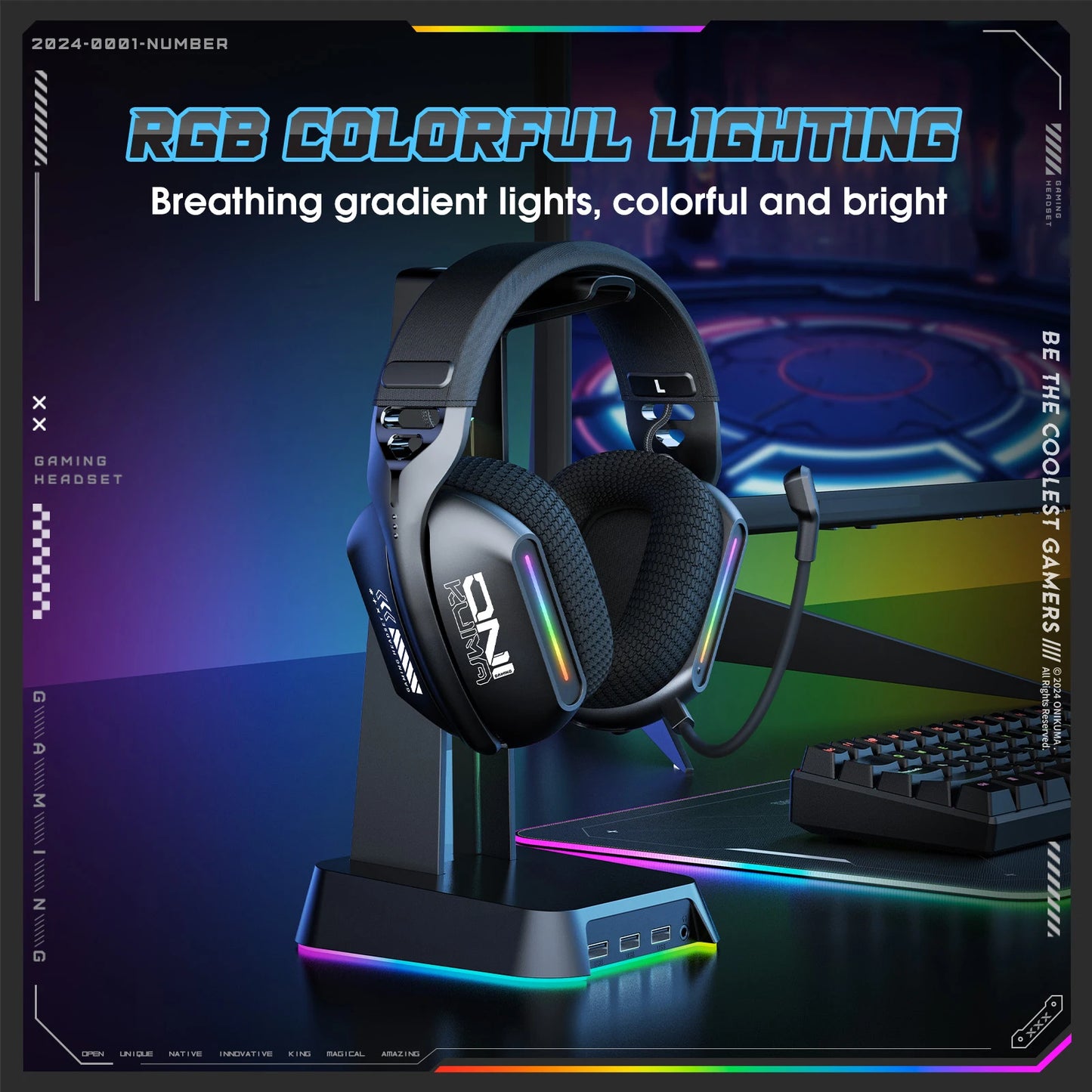 Onikuma GT808 Wireless Gaming Headset RGB – Bluetooth 5.3, 2.4GHz & 3.5mm Gaming Headphones with Microphone