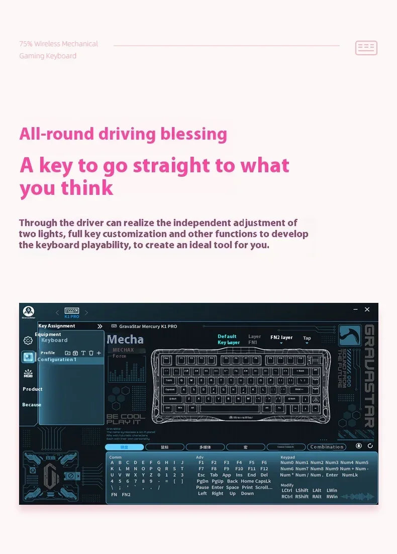 Mercury K1 Grava Star Breaking 75 RGB Mechanical Keyboard Gaming Bluetooth 2.4G Wired RGB Hotswap Gamer Non-contact Keyboard