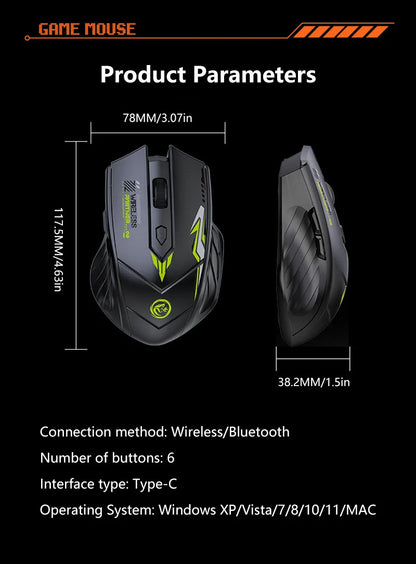 Wireless Gaming Mouse Dual Mode Bluetooth 2.4G DPI Adjustable Type-C Rechargeable Silent Ergonomic Mouse Durable Battery