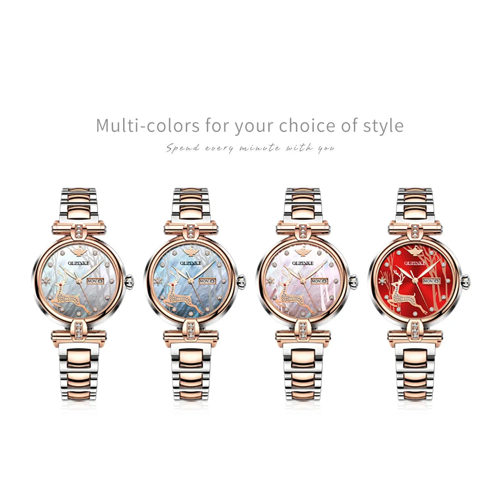 OUPINKE 3180 Watches For Woman Luxury Elegant Automatic Mechanical Watch Deer Dial Stainless Steel Week Date Watch Gift Box